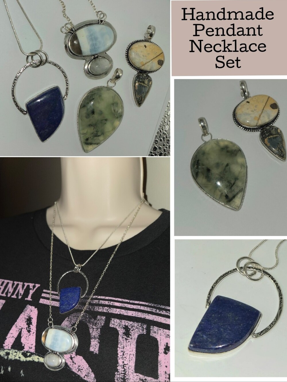 Handmade Natural Gemstone Pendant Necklace Jewelry Gift SetOpal Lapis Lazuli